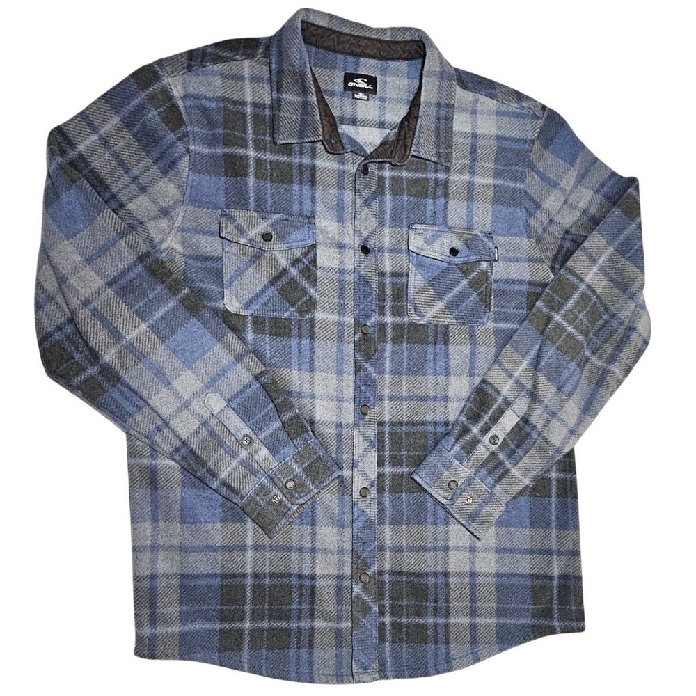 O'Neill Superfleece Men XL Blue Grey Plaid Button Up Flannel Shirt Jacket